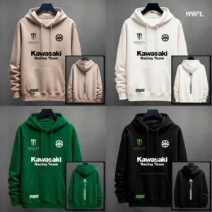 Variedad de buzos con capota Kawasaki Racing Team en colores verde, negro, beige y marfil en colores verde, negro, beige y marfil