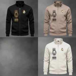 Colección de buzos cuello alto Real Madrid Reyes de Europa en colores negro, beige y marfil con cierre